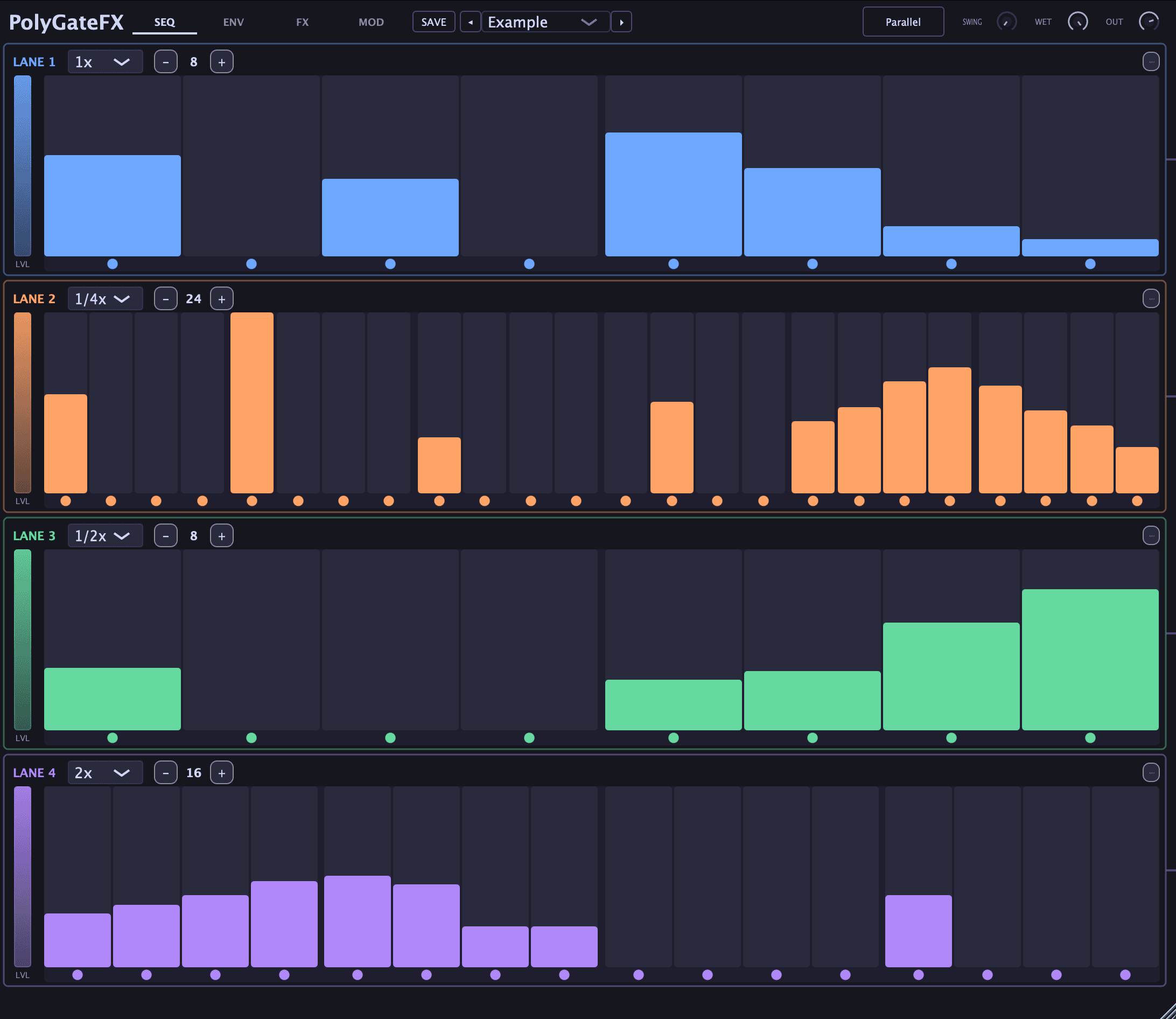 PolyGateFX four-lane sequencer interface